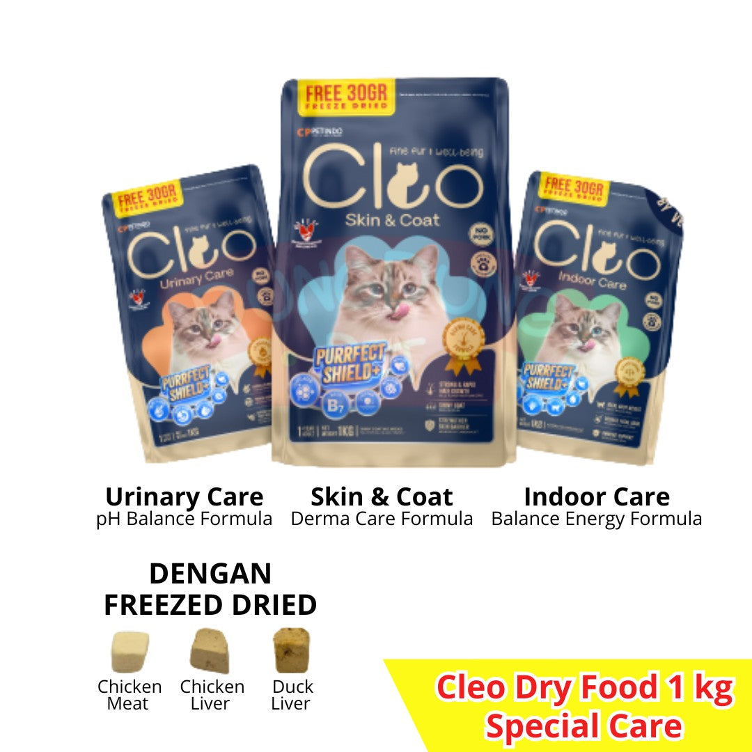 Cleo Fuctional Indoorcare/skincoat/urinarycare makanan kucing 1kg
